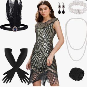 1920s Flapper Dress Medium Black Gold Sequin Fringe Gatsby w/ Accessories